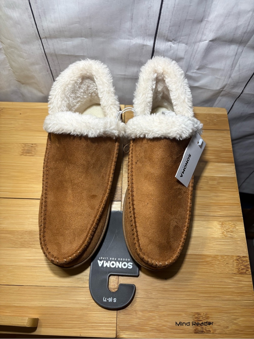 Sonoma Chestnut Faux-Suede Slip-On Slippers with Cream Sherpa